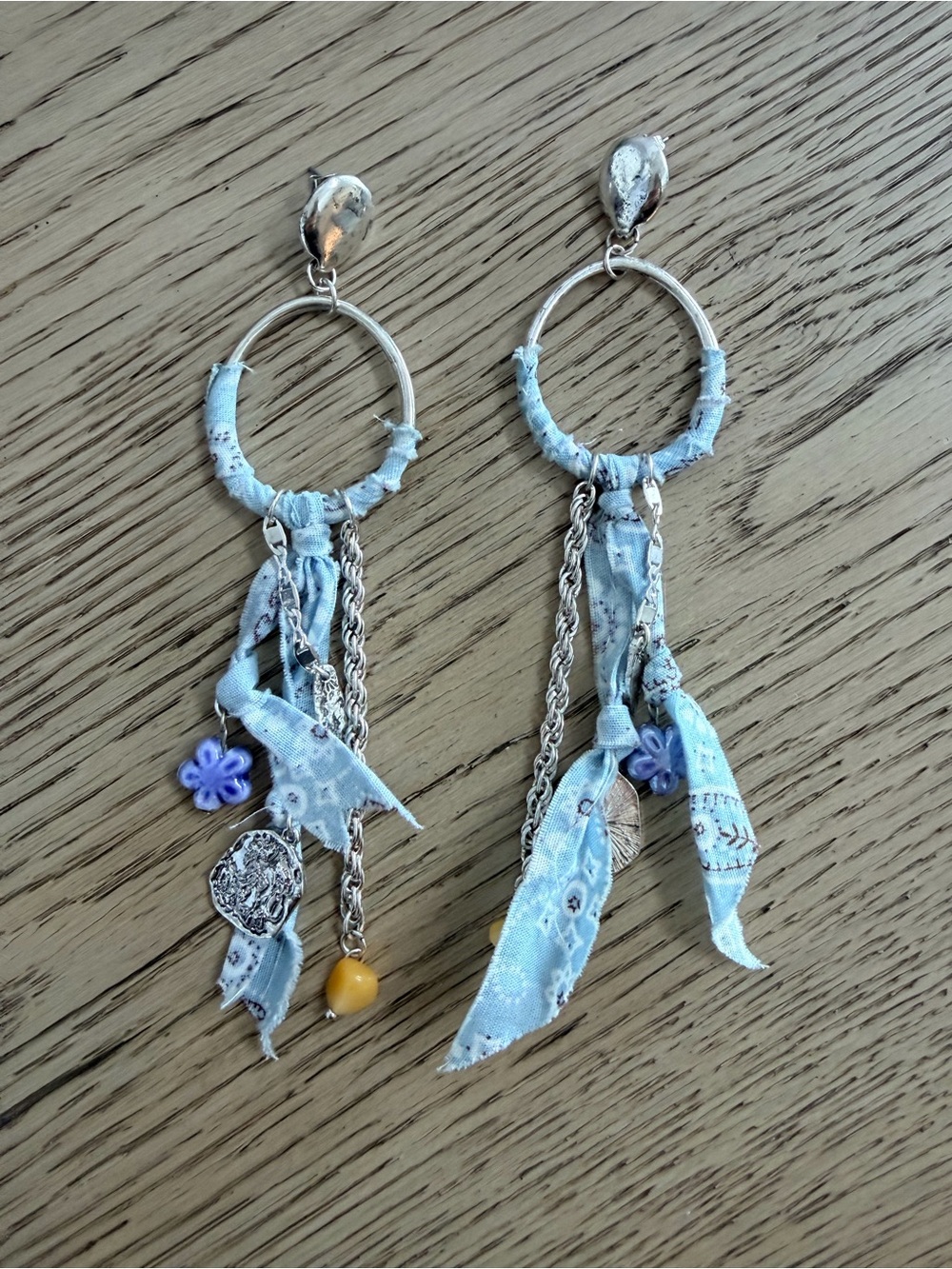Free People Boho Light Blue Fabric & Silver Hoop Dangle Earrings